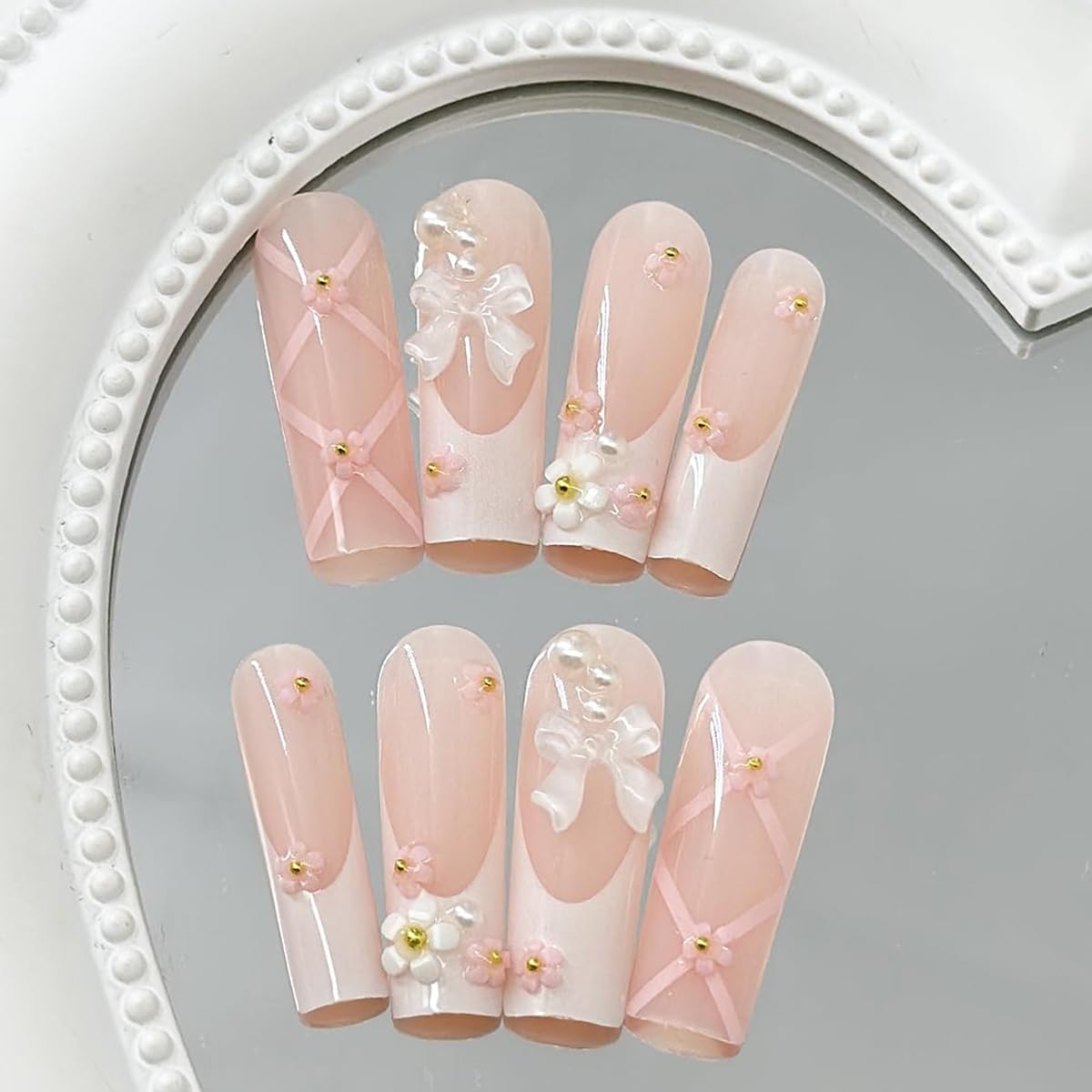 MAYCREATE 24Pcs Press on Nails Medium Long Fake Nails Pink Acrylic French Nails with Designs Glossy 3D Flower Pearl Full Cover False Nail Tips Artificial Nails for Woman Nail Art