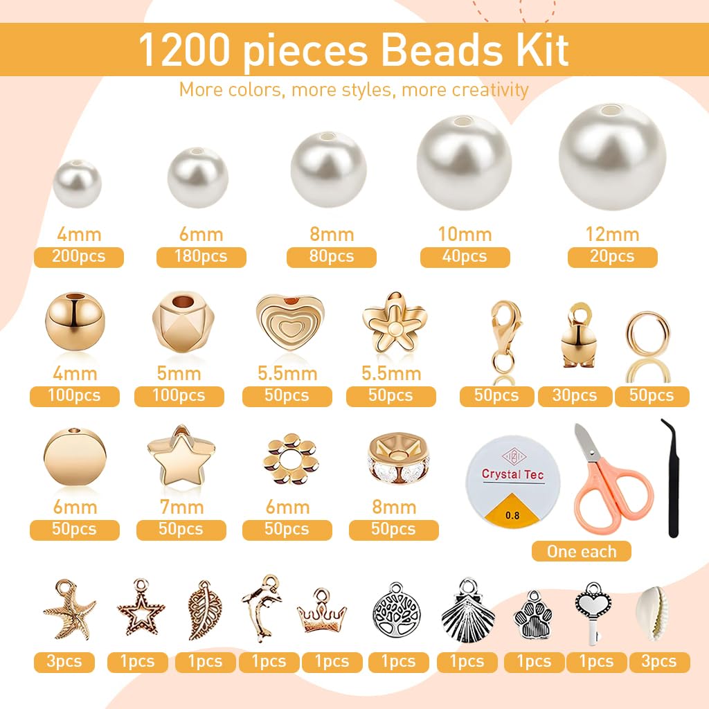 SANNIDHI 1200 Pcs Pearl Beads and Gold Spacer Beads Set for Jewelry Bracelet Making Kit with String and Charms for Girls Kids Adult DIY Art and Craft for Friendship Bracelet Necklace
