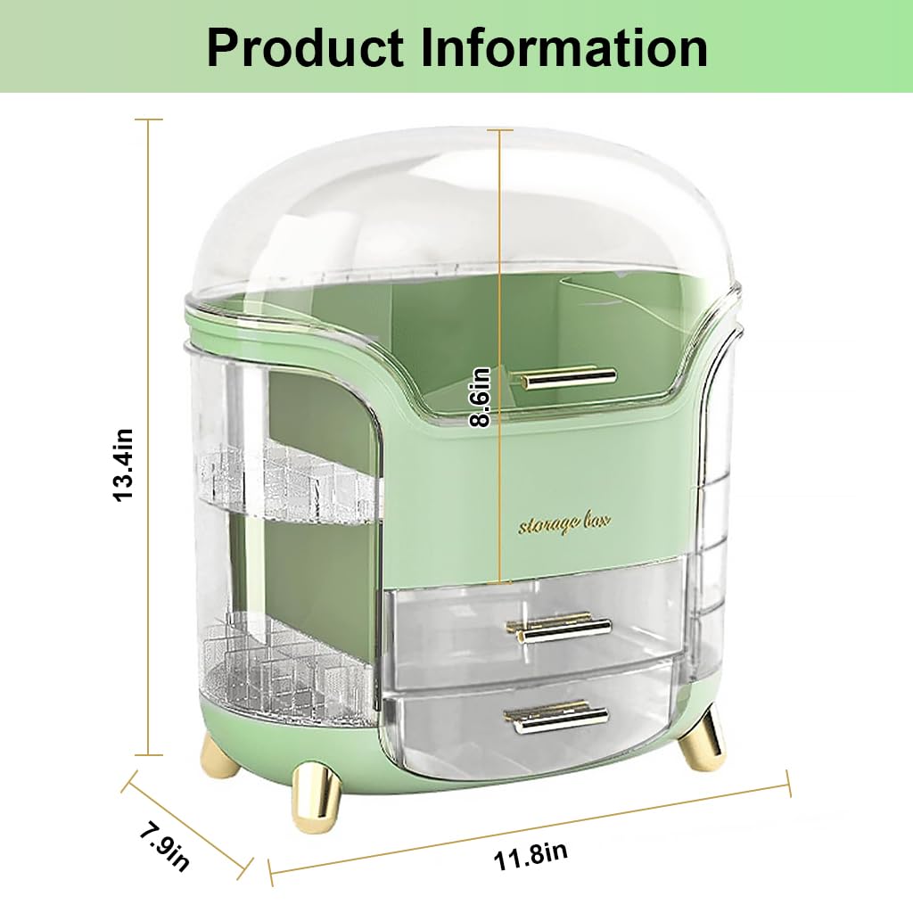 HANNEA Dressing Table Organizer Large Makeup Organizer Multi Layer Open Cosmetics Organizer Case with Lipstick Storage Slots, Drawers, Skincare Product Organizers Box for Dressing Table (Green)