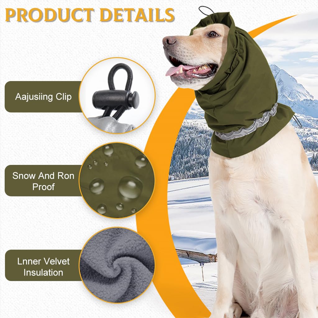 Qpets Pets Comforting Hoodie Ear Muff for Dog Warm Plush Lining Comforting Wrap Outdoor Winter Ear Muff with Reflective Strip Stretchy Adjustable Ear Snood for Dog, Green/L