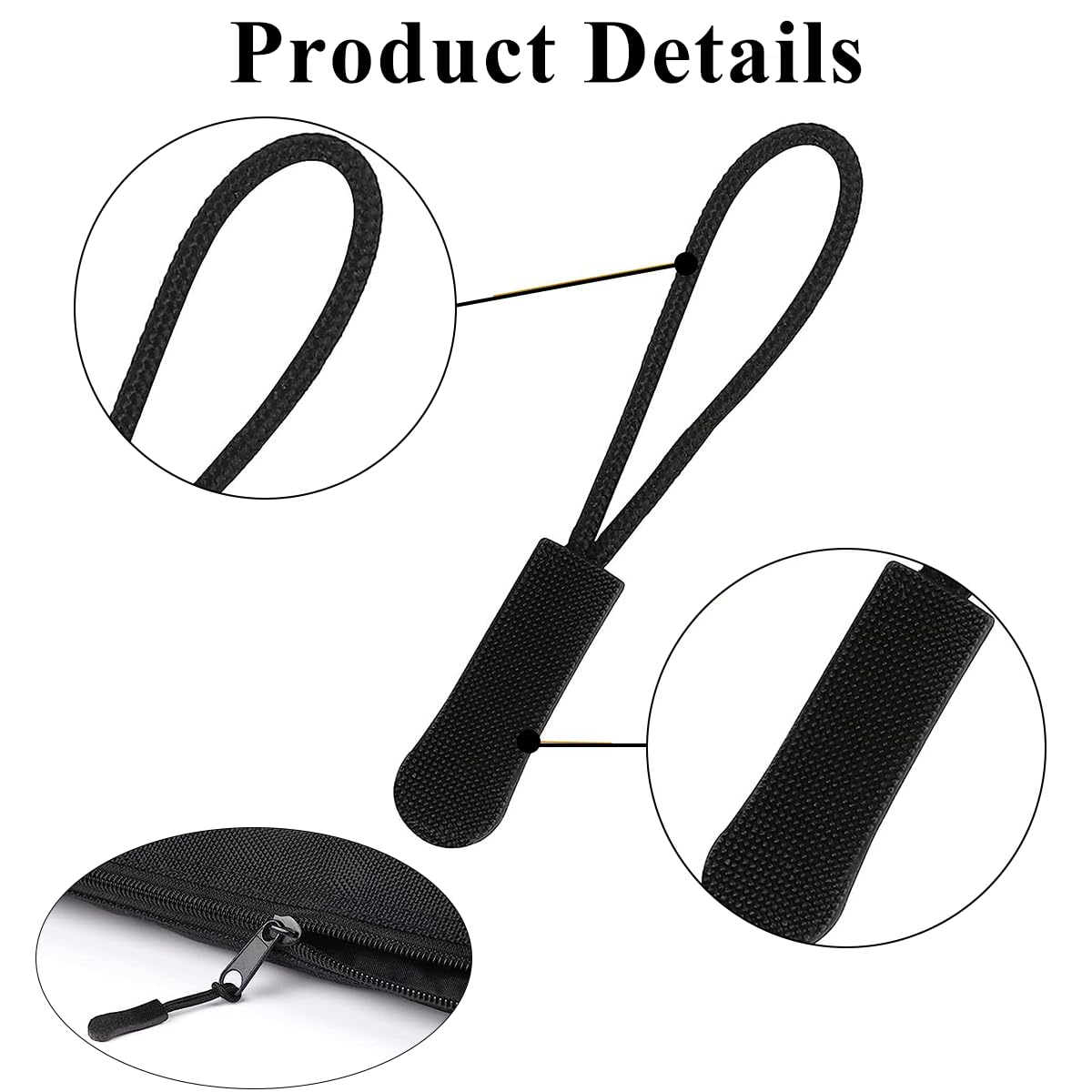 HASTHIP 50Pcs Zipper Pulls Replacement, Zipper Tabs Black Cord Extender Zipper Pull for Backpack, Luggage, Purse, Jacket, Boot, Gloves