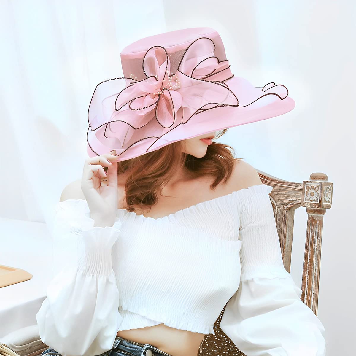 PALAY Fascinator Hat for Women Organza Ladies Cocktail Tea Party Top Hat Elegant Church Wedding Bridal Flower Hat for Events, Banquet, Travel Wide Brim Sun Hat (Pink)