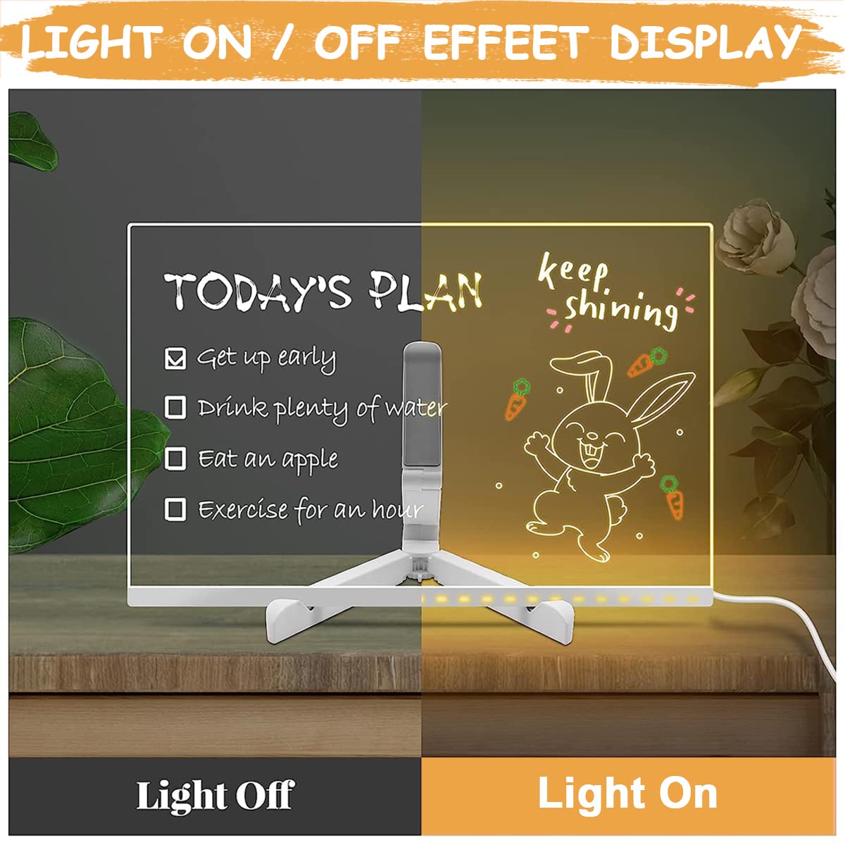 Climberty 3D Acrylic Writing Board with 7 Color Pen, 11.8'' X 7.9'' Light up Dry Erase Board with Stand, Rewritable Transparent Acrylic Writing Board for Leaving Messages, Daily Schedules, Plans