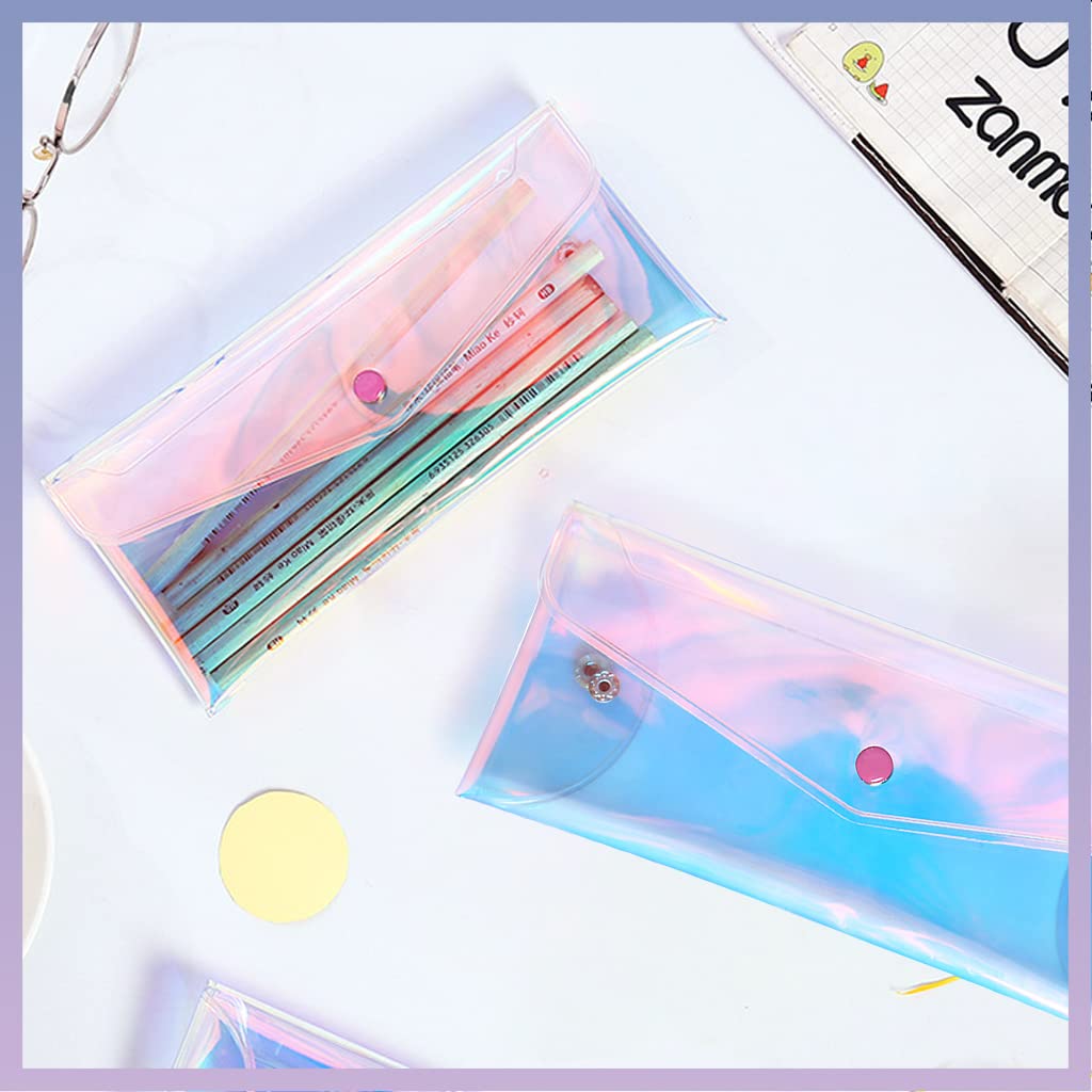MAYCREATE Pencil Pouch for Girls, Iridescent Clear Pencil Case Holographic Bags for Women, Cute Glittery Coin Purse, Small Cosmetic Makeup Brush Bag (20*9cm, Button Closure)