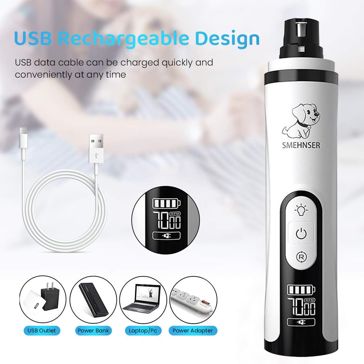 Qpets Electric Dog Nail Grinder with 3 Speeds Modes and 2 Led Light Dog Nail Trimmer for Cat Dog USB Electric Dog Nail Grinder, Dog Nail Cutter for Small Medium Large Dogs and Cats