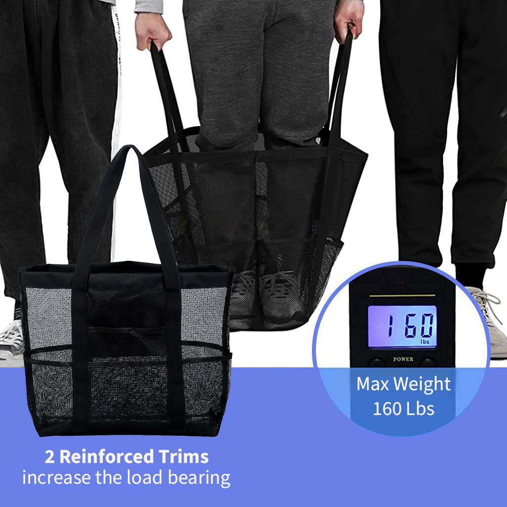 PALAY Large Capacity Beach Bag Multi Pocket Polyester Mesh Bag Tote for Travel, Fitness Bag, Swimming Storage Bag for Clothes Fashion Transparent Mesh Bag for Women, Black