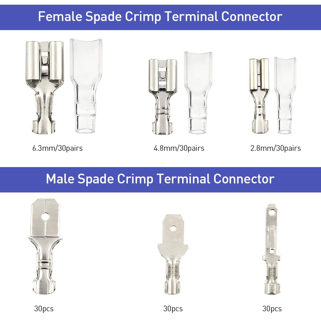 Serplex 270Pcs Terminal Connectors Kit Assorted Sized Electrical Wire Connectors 2.8mm/4.8mm/6.3mm Paired Male & Female Spade Spade Connectors Wire Crimp Terminal Blocks with Insulating Sleeves