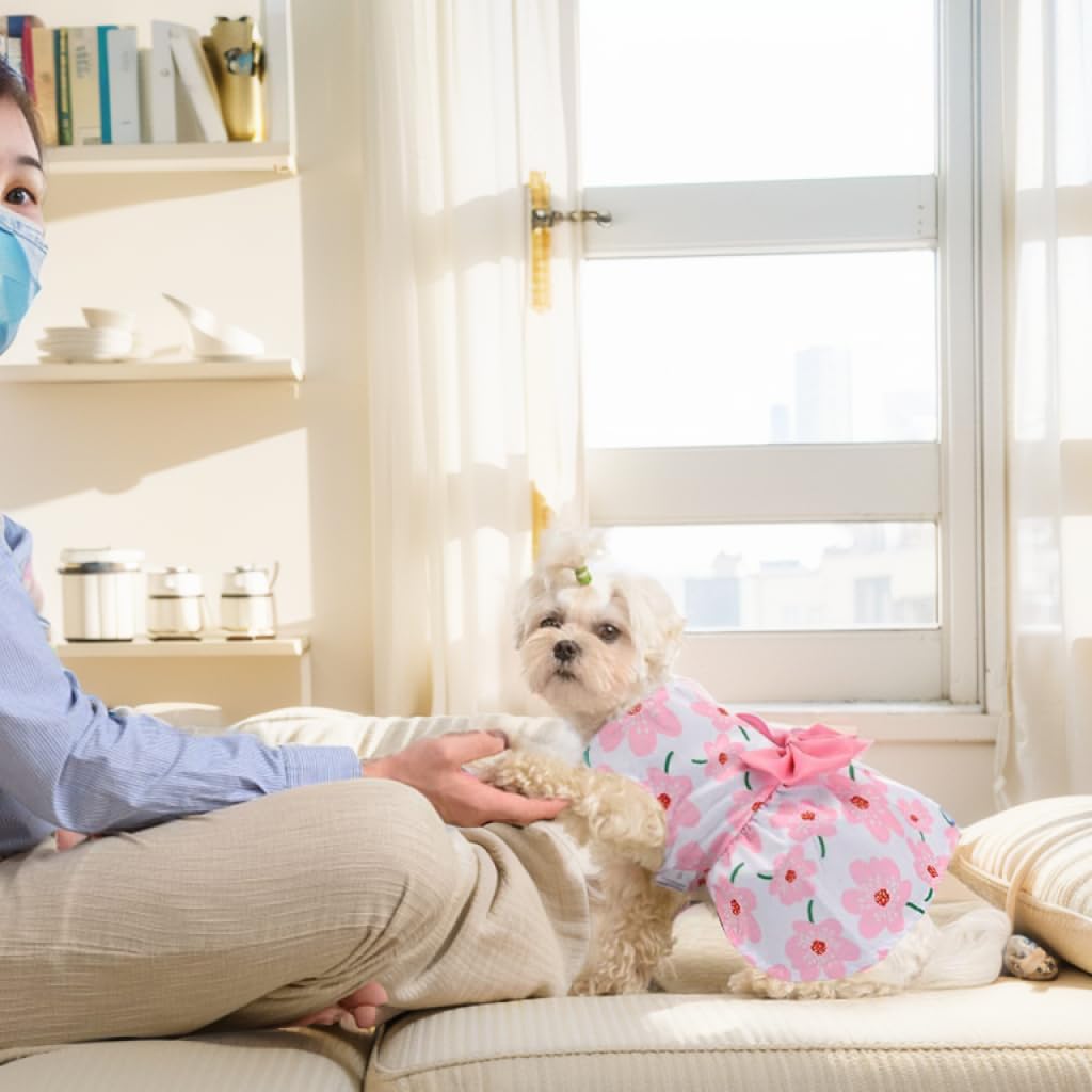 ZIBUYU Dog Dress for Small Medium Dogs and Cats Cute Floral Print Dog Clothes with Pink Bow Summer Dog Cat Dress Puppy Pet Clothes for Daily, Walking - Size M