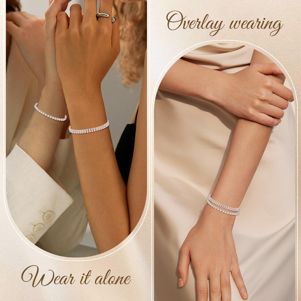 SANNIDHI 2Pcs Tennis Bracelets for Women Stylish, Rose Gold Cubic Zirconia CZ Dainty Bracelet for Women Brides, Stackable Fashion Jewelry Wedding Prom Birthday Christmas Gift