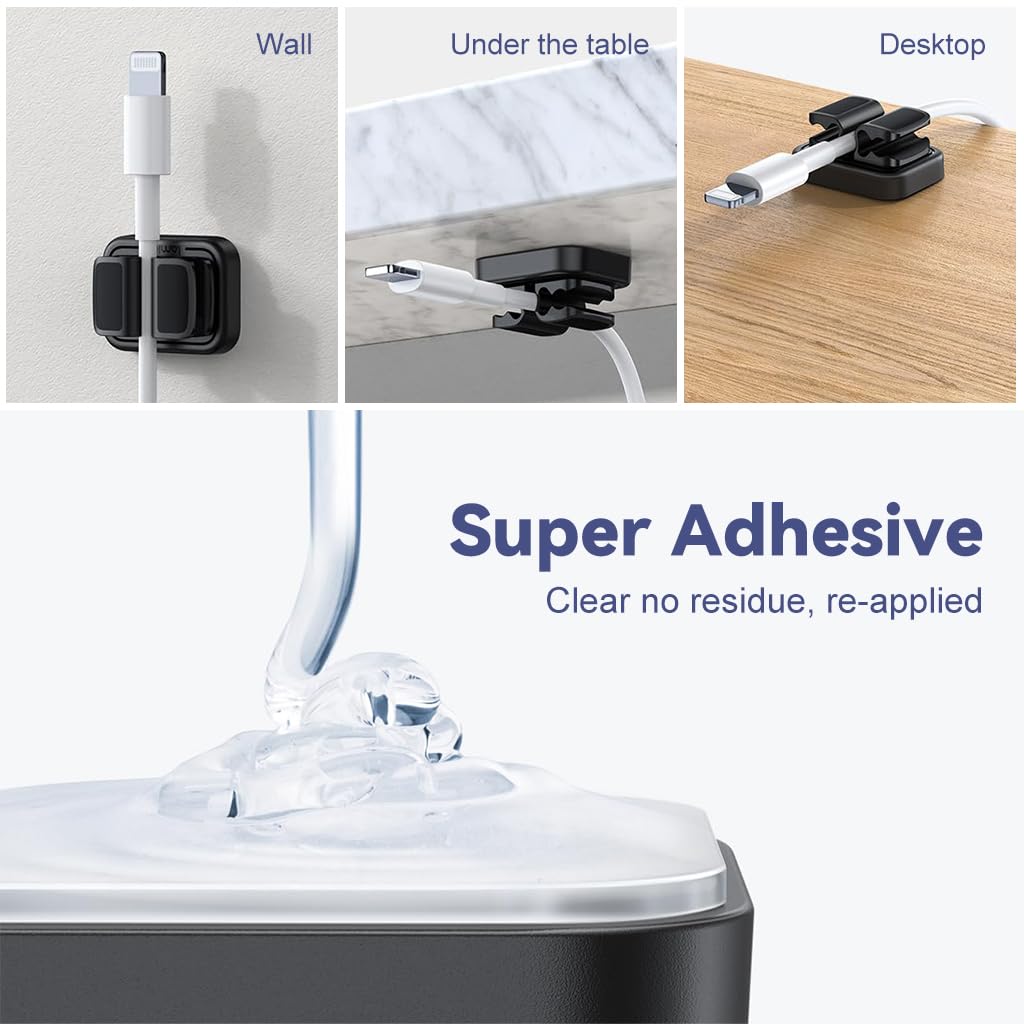 HASTHIP Multi Cable Holder Wall Cable Clip Holder Self Adhesive Multi Cable Clip Holder Holding Up to 3 Cables, Under Desk Cable Organizer Holder Power Cable Grip Cable Management Clip Holder