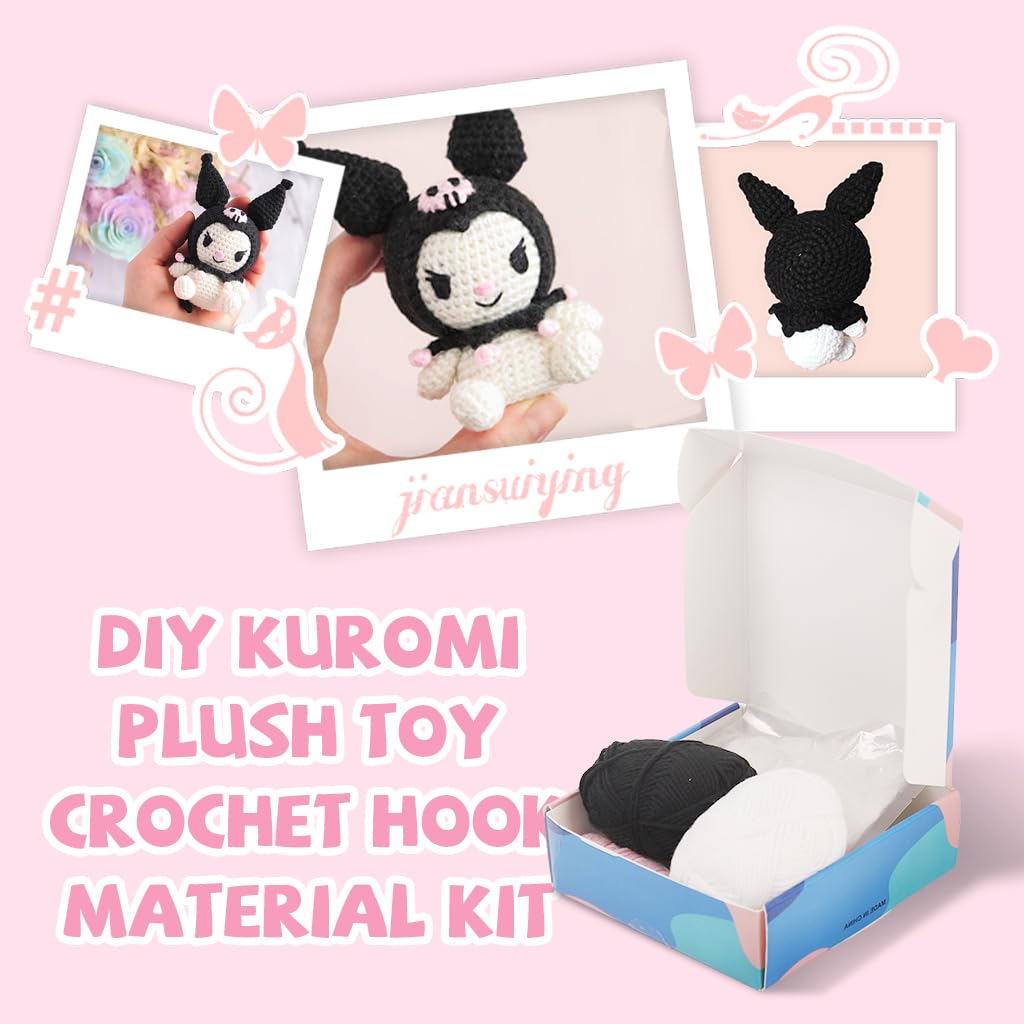 PATPAT DIY Kuromi Stuffed Toy Crochet Material Kit with Yarns and Tools 6.1'' DIY Kawaii Kuromi Stuffed Toy for Beginners DIY Handmade Crochet Cartoon Kuromi Stuffed Toy with Tutorial Video