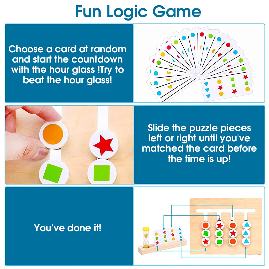 PATPAT Brain Games For Kids Learning Toys Slide Puzzle Color&Shape Matching Brain Teasers Logic Game Preschool Montessori Educational Wooden Toys For Kids Boys Girls Age 3 4 5 6 7 Years Old|Pack of 1