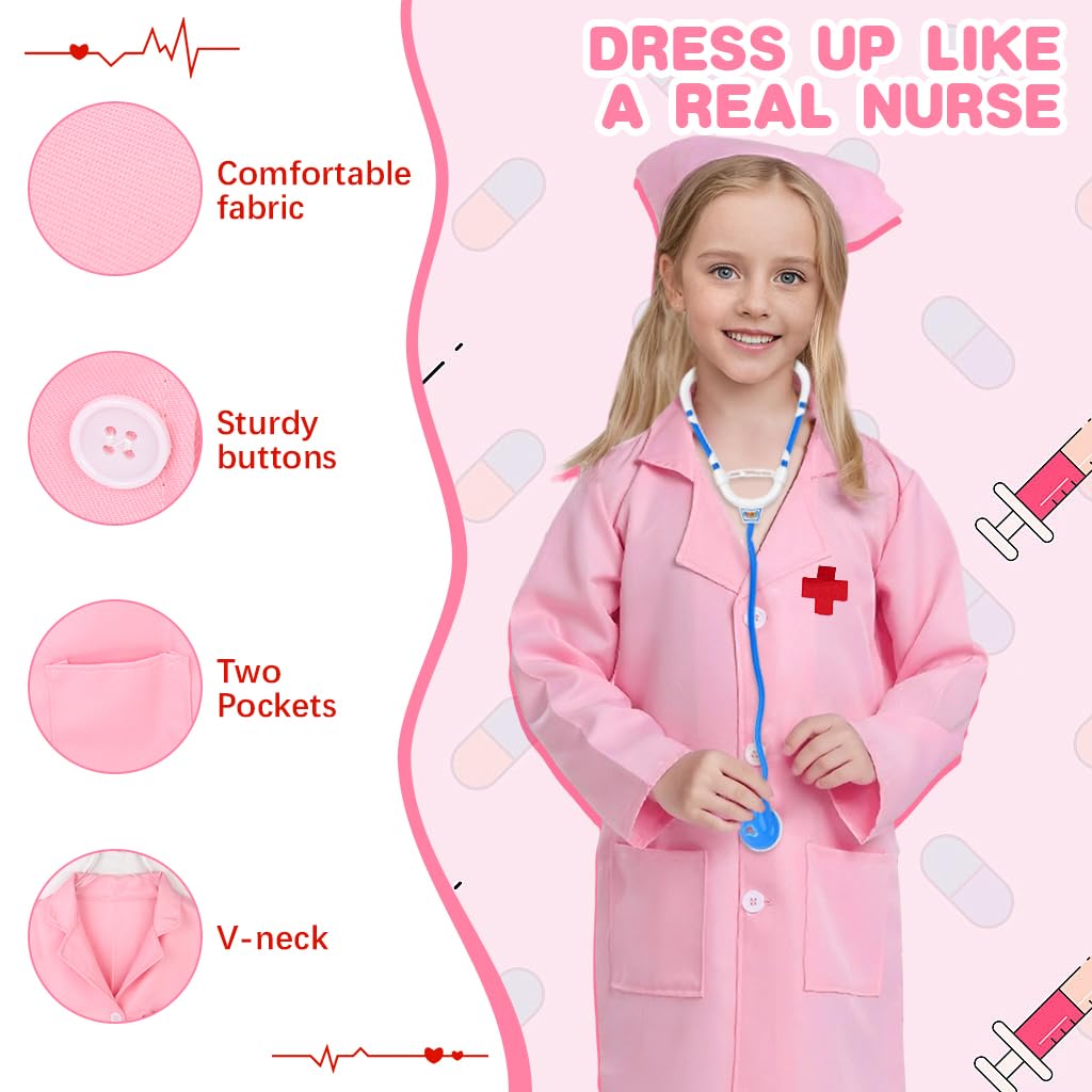 PATPAT Fancy Doctor Dress for Kids 6-7 Years Girls, Pink Nurse Dress for Kids Girls with Nurse Cap, Stethoscope, Mask, Injection - Cosplay Role Play, Special Events Party Career Exploration Costume