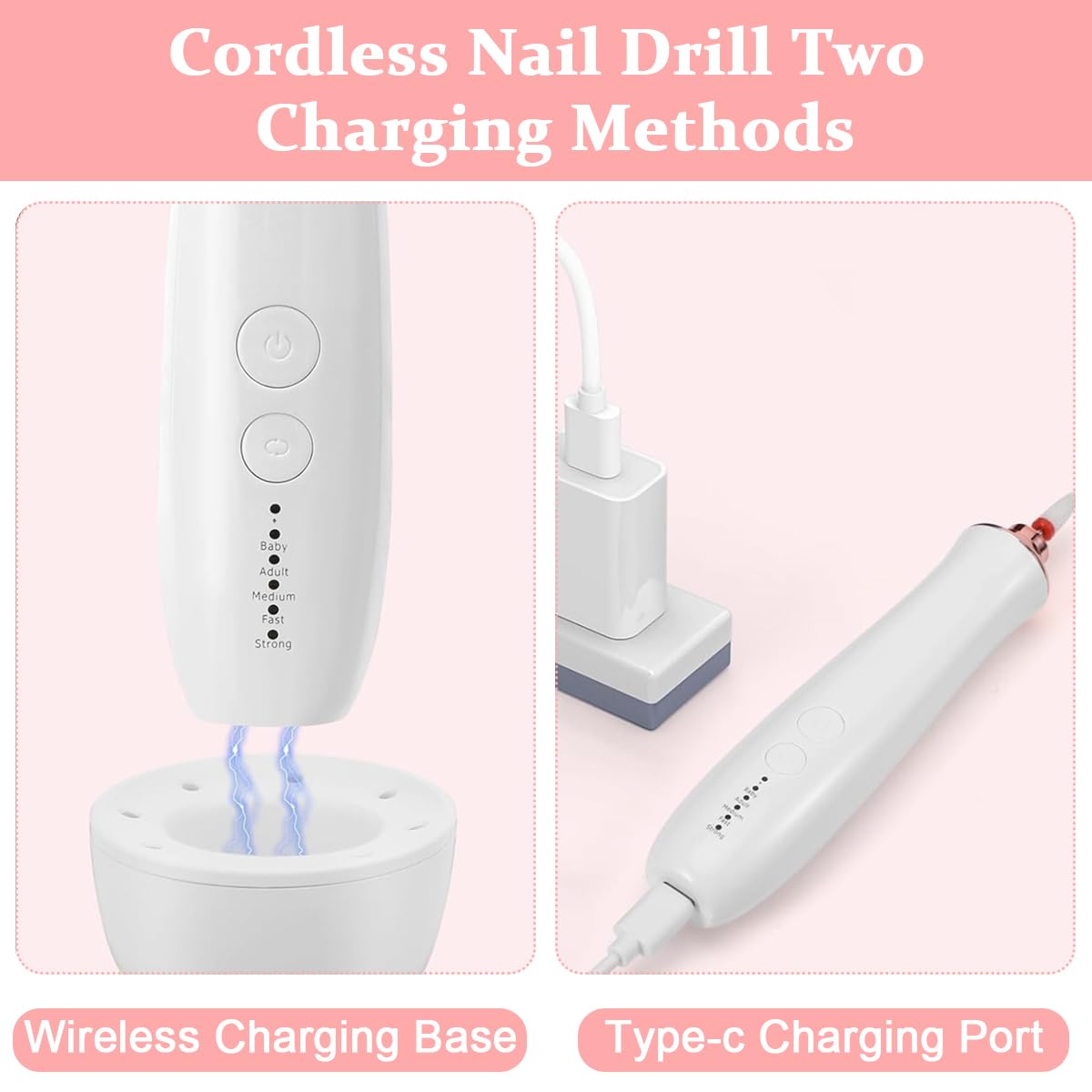 MAYCREATE USB Nail Drill Machine with Drill Bits Multifunctional Nail Drill Machine with 5 Speed Acrylic Nail Polishing Kit with Charging Base Anti-splash Nail Drill Machine for Nail Art