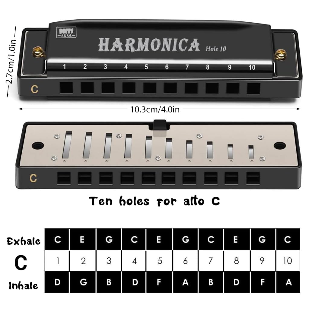 HASTHIP Harmonica Mouth Organ Musical Instrument Titanium Copper Core Harmonica C Key 10 Hole 20 Tone for Beginners Durable Clear Sound, Birthday Gifts for Kids Adults, Suitable for Blues Folk, Black