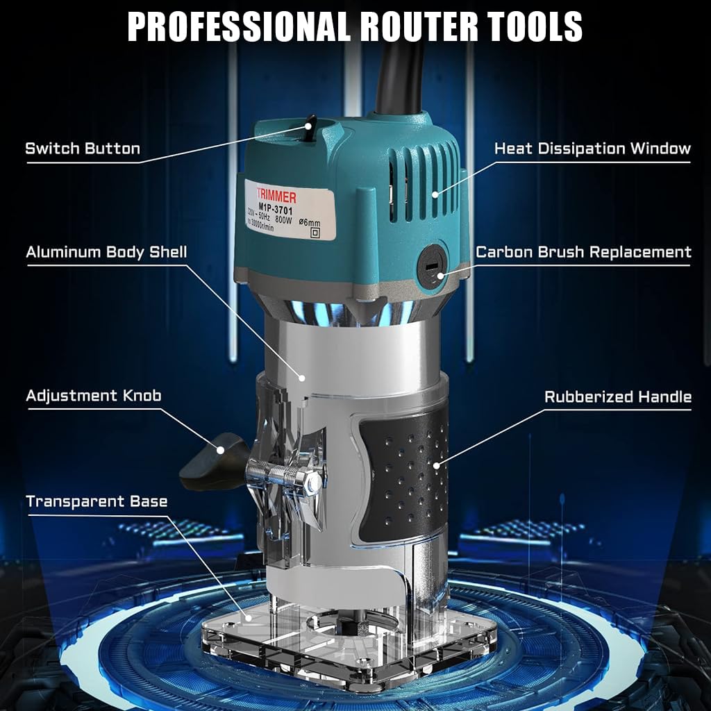 Serplex Electric Wooden Router 800W Electric Wooden Router Wood Trimmer 30000R/MIN Wood Router with Switch Anti-slip Handle Design Woodwork Router Tool for Sharping Edge, Trimming, Punching