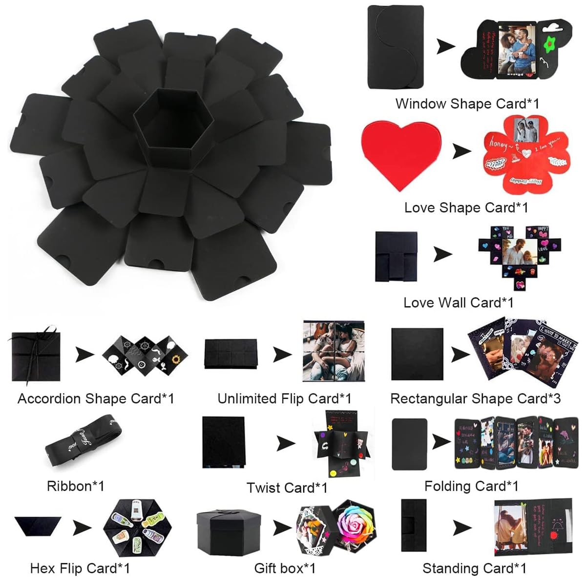 HASTHIP Explosion Box DIY Scrapbooking Set Handmade Photo Album, Hexagon Shape, 6 Sides, Perfect for Birthday, Wedding, Valentine, Christmas Gift for Wife, Husband, Fiance, Boyfriend, Friends, Family