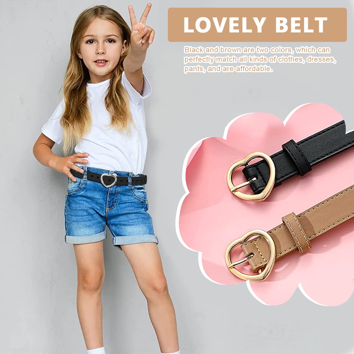 PALAY Kids Belt for Girls 6-12, 2Pcs Fashion Girls Belt PU Leather Hollow Heart Metal Buckle Belt for Girl Jeans Dress Pants Gift (Black & Brown, Suit for Waist 26-30