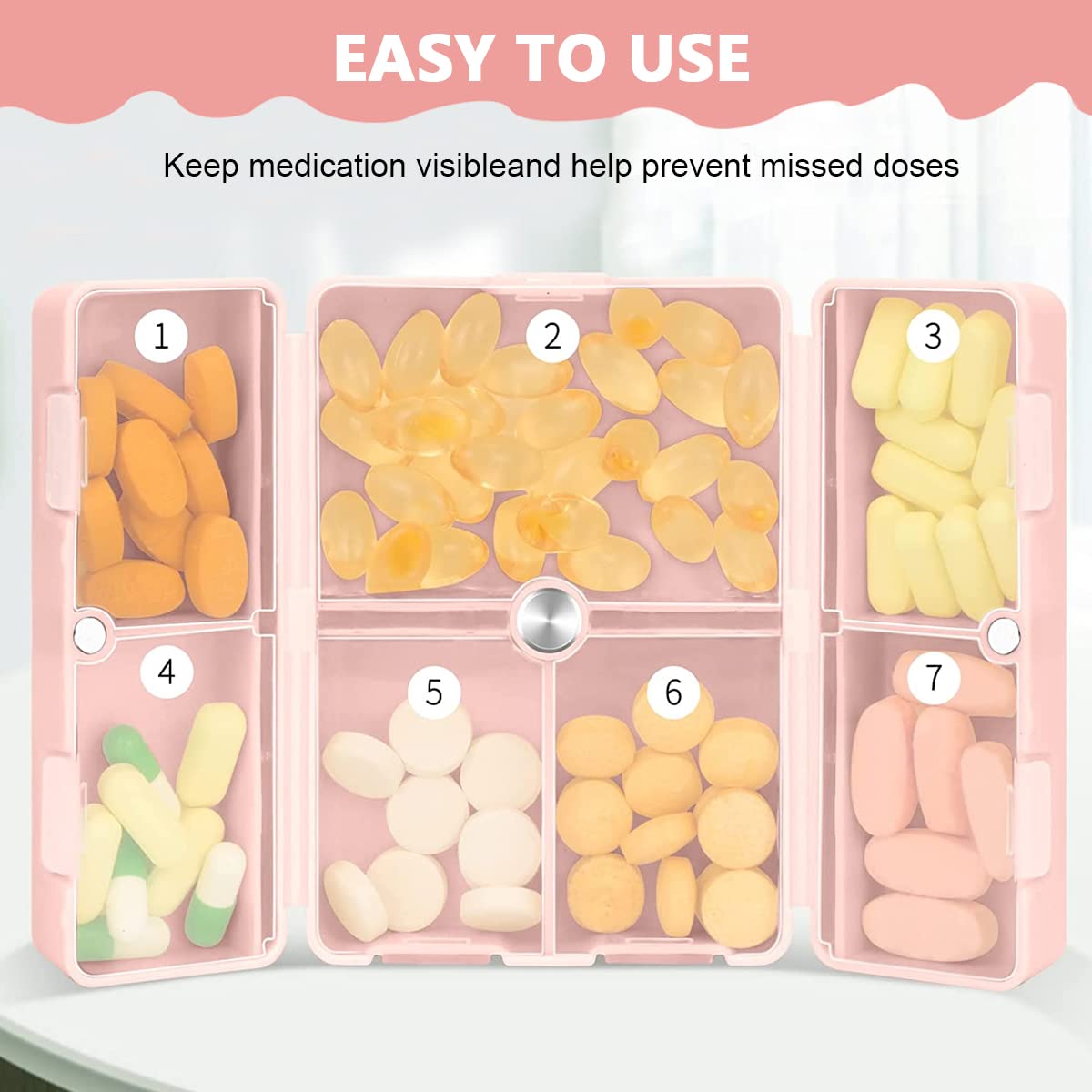 HANNEA Pill Medicine Organizer Storage Box with 7 Compartments, Folding Design, Moisture-Proof Pill Box for Vitamin, Medicine, Pills, Supplements Holder Container, Pink