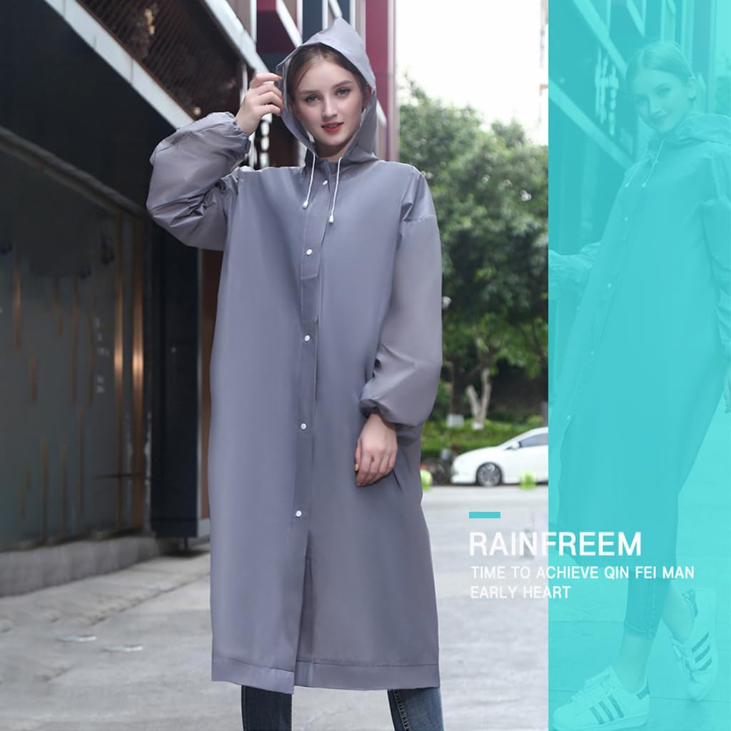 Optifit 2 Pcs Reusable EVA Raincoats with Hood Unisex Rain Ponchos Hooded Raincoat for Camping, Hiking, Music Festival & Outdoor Activities (Grey)