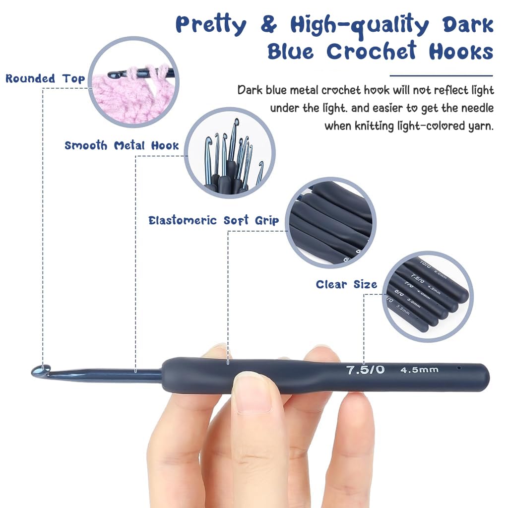 ZIBUYU Crochet Hooks Set of 9Pcs Aluminum Crochet Hooks 2.0 mm-6mm TPR Rubbrized Handle Crochet Hooks DIY Crochet Hooks for DIY Crochet Projects Beginners Crochet Hooks Set, Dark Blue