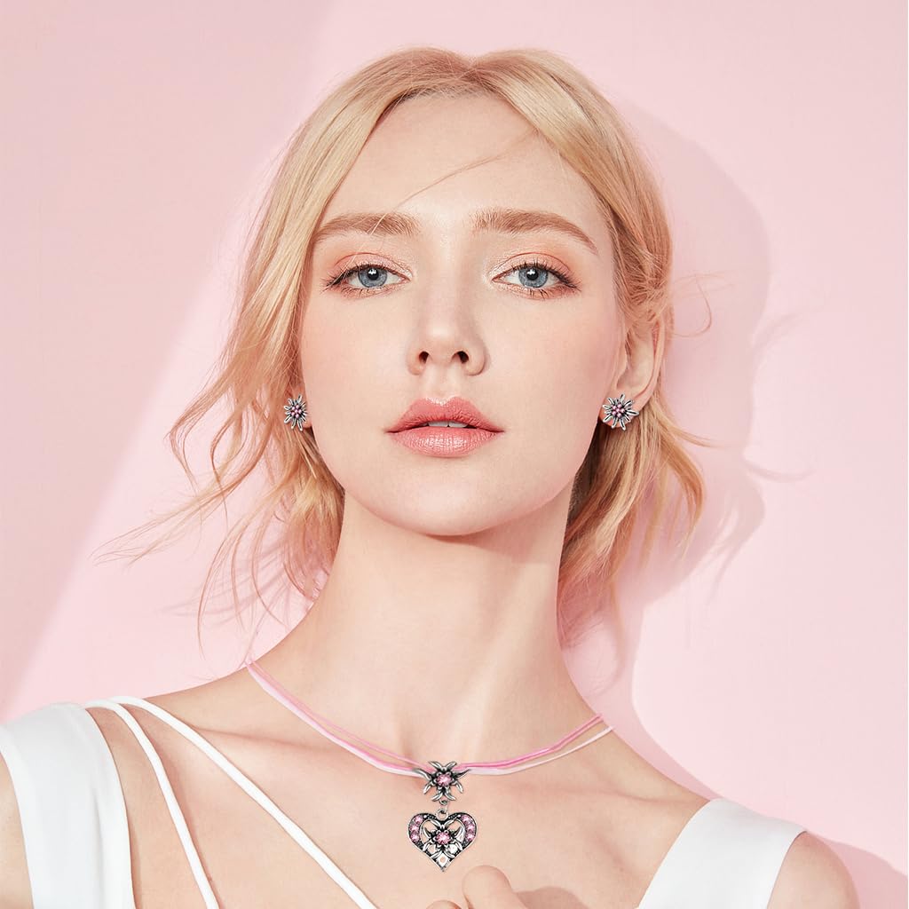 SANNIDHI Set of 3 Women Necklace Jewelry Set Vintage Baroque Pink Heart Necklace Earstuds Jewelry Set Rhinestone Embellishment Charming Necklace Earstuds Jewelry Gift Christmas Gift for Women