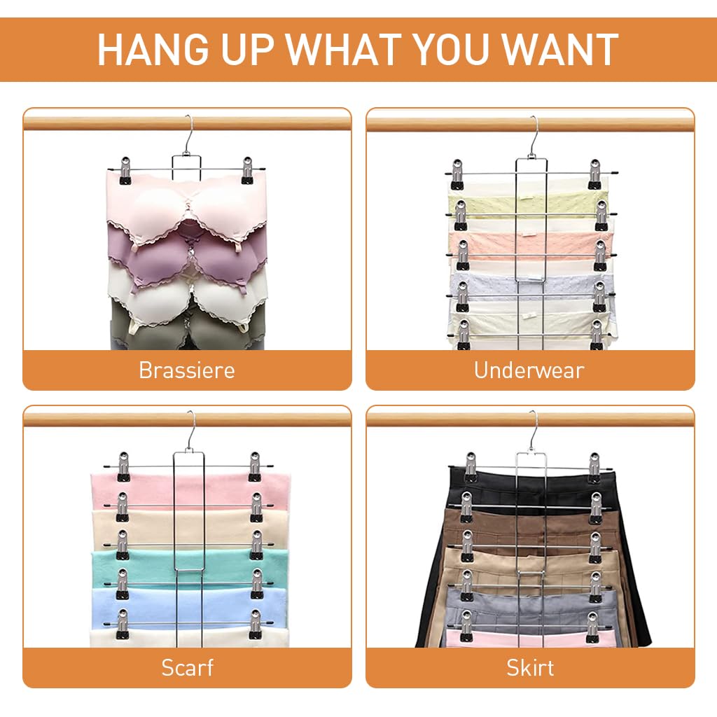HASTHIP 2 Pack Hangers, Pants Hangers- 6 Tiers Skirt Hangers with 360° Swivel Hook, Hangers Space Saving Hanging Closet Organizer with Clips, Closet Organizers and Storage -Clothes Hangers