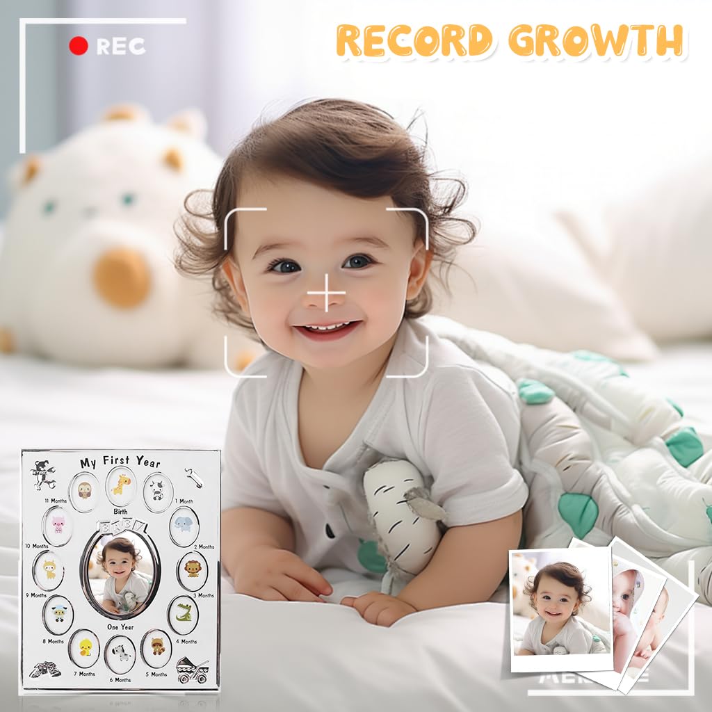 SNOWIE SOFT Baby Milestone Photo Frame First Year Milestone Picture Frame, Baby's First Twelve Months Photo Safekeeper Photo Frame, Ideal for Baby Shower, New Born Gift, Silver, 23x28cm