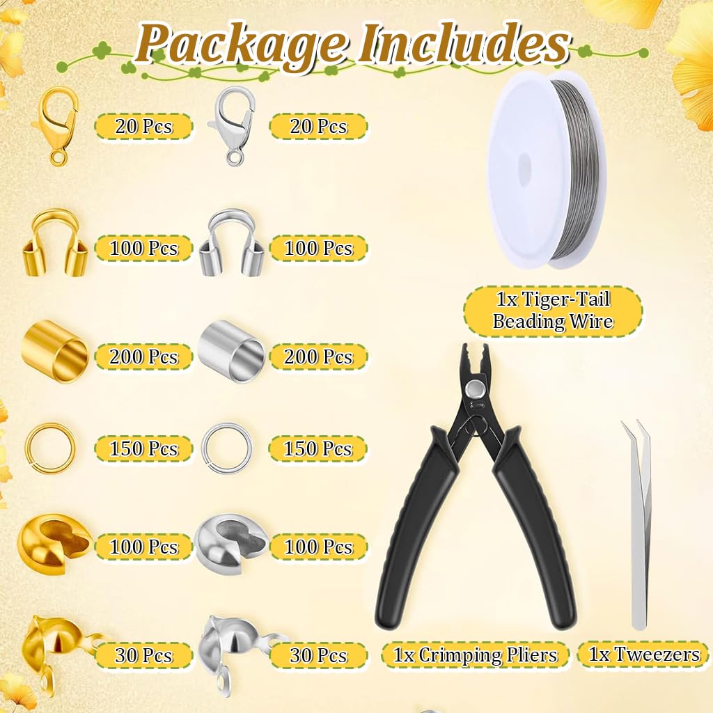 SANNIDHI 1200Pcs Crimp Beads for Jewellery Making Kit, Includes Gold Silver Bracelet Clasps and Closures, Crimp Covers/Tubes/Ends, Jump Rings, Pliers, Tweezer & Beading Wires for DIY Necklace Jewelry
