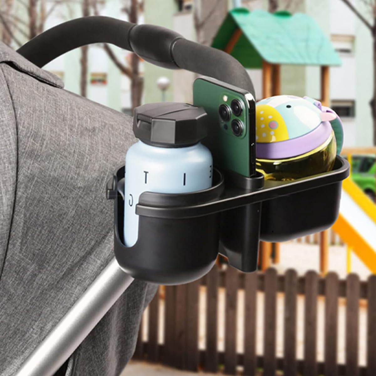 SNOWIE SOFT 3 in 1 Stroller Cup Holder Phone Holder with 2 Hanging Hooks Snack Tray Water Bottle Holder Universal Cup Holder for Baby Stroller, Scooter, Baby Stroller Accessories
