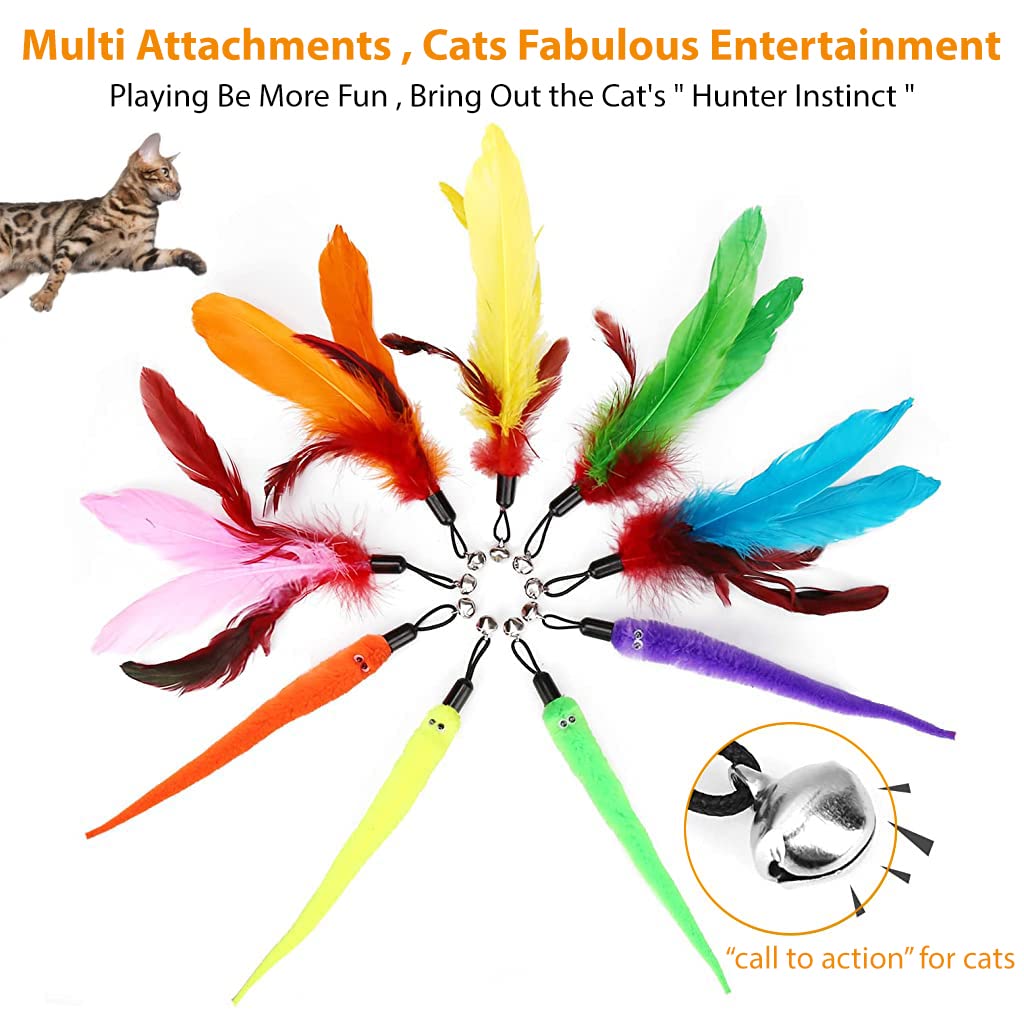 Qpets Cat Teaser Toy, Feather Toy for cat 11 Pcs Cat Toy Set with 2 Retractable Teaser Wand & 5 Feather Teaser Toy & 4 Worm Teaser, Interactive Cat Toys for Kitten to Play Chase Activity Exercise