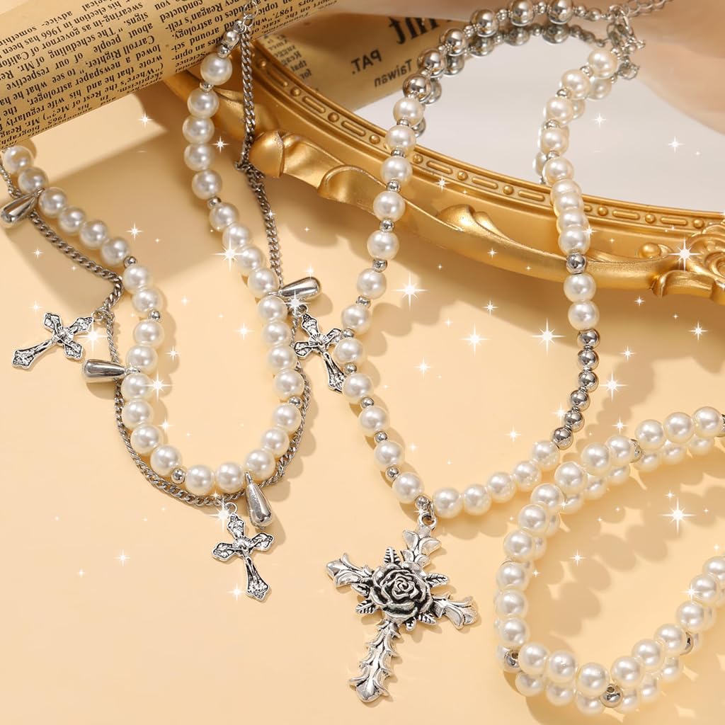 SANNIDHI Chic Necklace for Women Retro Baroque Rose Cross Pendent Layered Pearl Necklace Heavy Duty Faux Pearl Chain Necklace Layed Necklace Punk Rock Style Fashion Necklace