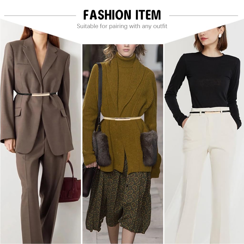 PALAY 2Pcs Waist Belt for Women, PU Leather Belts for Women, Fashion Slim Women Belt, Ladies Gold & Black Belt for Women Dresses, Blazer, Sweater, Shirt (Interlock Metal Buckle Design)