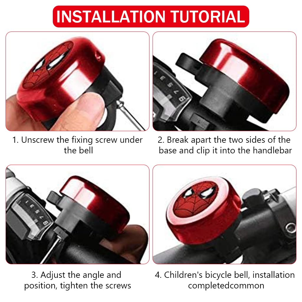 Proberos Kids Bicycle Bell, Red Super Hero Cartoon Bicycle Bell, Lightweight Steel Bicycle Bell, Durable Bell for Cycle, High Decibel Bicycle Bell Warning Bell Universal for 22mm Tube