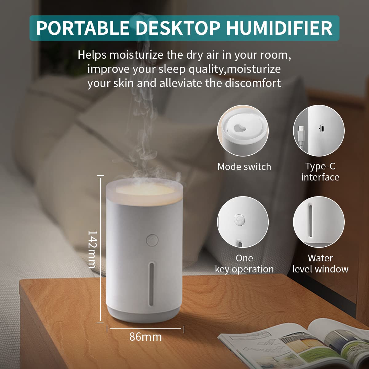 HANNEA Humidifier for Room Moisture 360ML Air Humidifier for Bedroom 30dB Ultrasonic Cool Mist Car Humidifier with Warm & White Light Desktop Humidifier Auto Shut-Off with 2 Modes and Jellyfish Spray