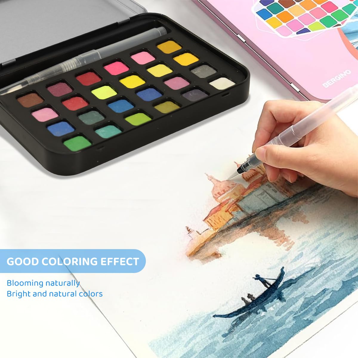 HASTHIP 24 Color Watercolor Paint Set with Brush Pen, Water-soluble Solid Pigment Paint Set, Metal Box Watercolor Paint Gift Set for Students Adults Beginners Artist