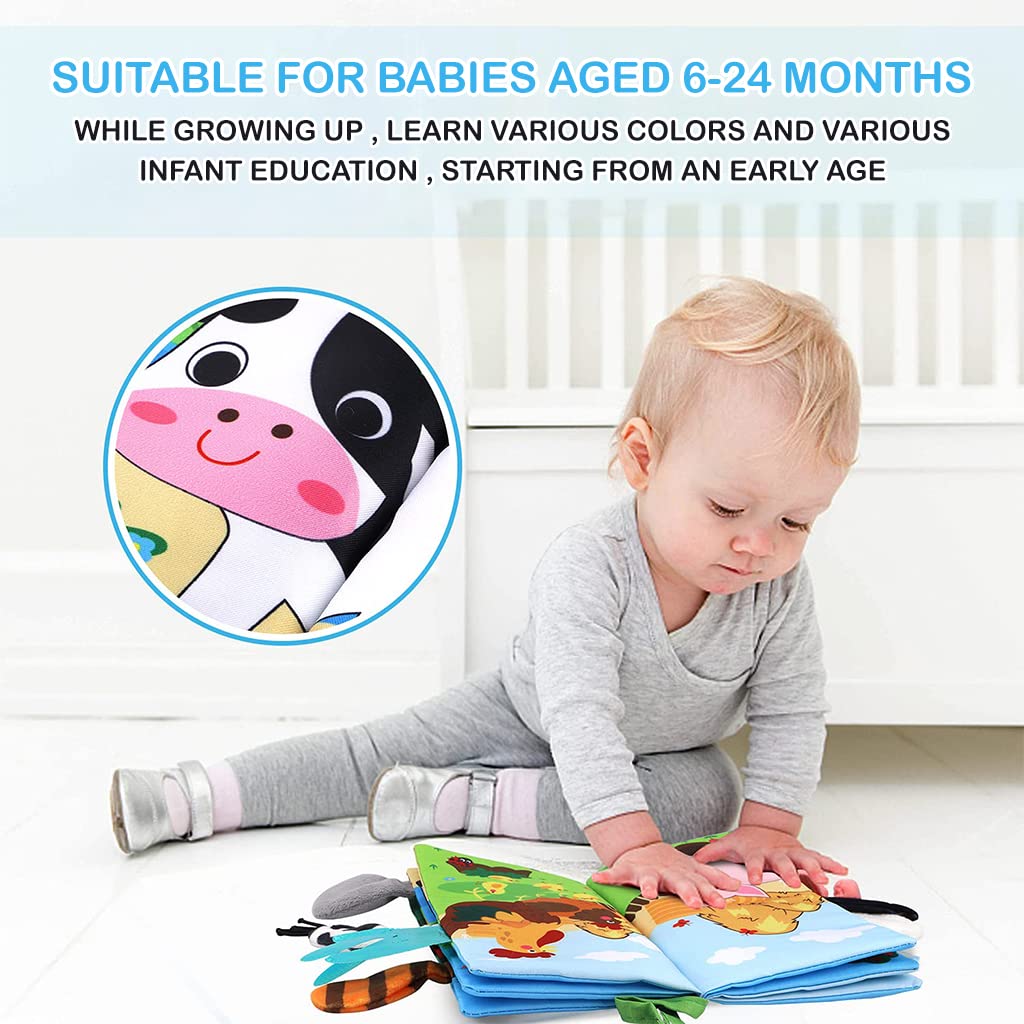PATPAT 3D Baby Cloth Book,Cute Farm Animal Theme Soft Cloth Books, Sensory Book,6 Pages Early Development Baby Cloth Book for Baby Toddler 3-18 Months (Farm Tails Cloth Book) Yellow