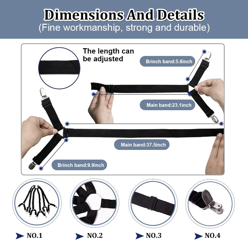 HASTHIP Bedsheet Clips for Bed, Adjustable Elastic Bed Sheet Holder Straps for Full, Queen, King Twin Bed, 6 Way Cross Sheet Clips Suspenders Band, Fitted Round and Square Mattresses (Black)
