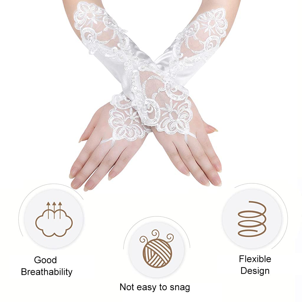 GUSTAVE White Elegant Rhinestone Cuffs Lace Satin Flower Fingerless Tulle Banquet Bowknot Bridal Gloves for Women