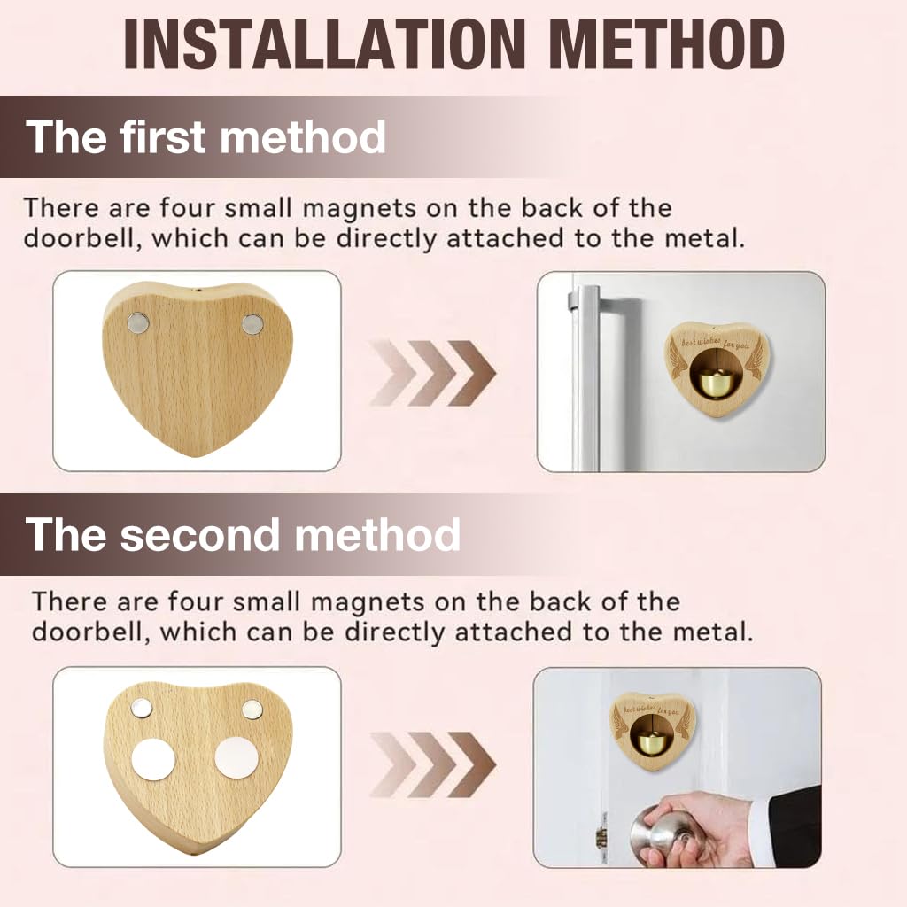 HASTHIP Wooden Door Chime with Brass Bell - Heart-Shaped Beech Wooden Door Chime, Self-Adhesive Magnetic Doorbell for Home & Shop, Shopkeepers Door Chime