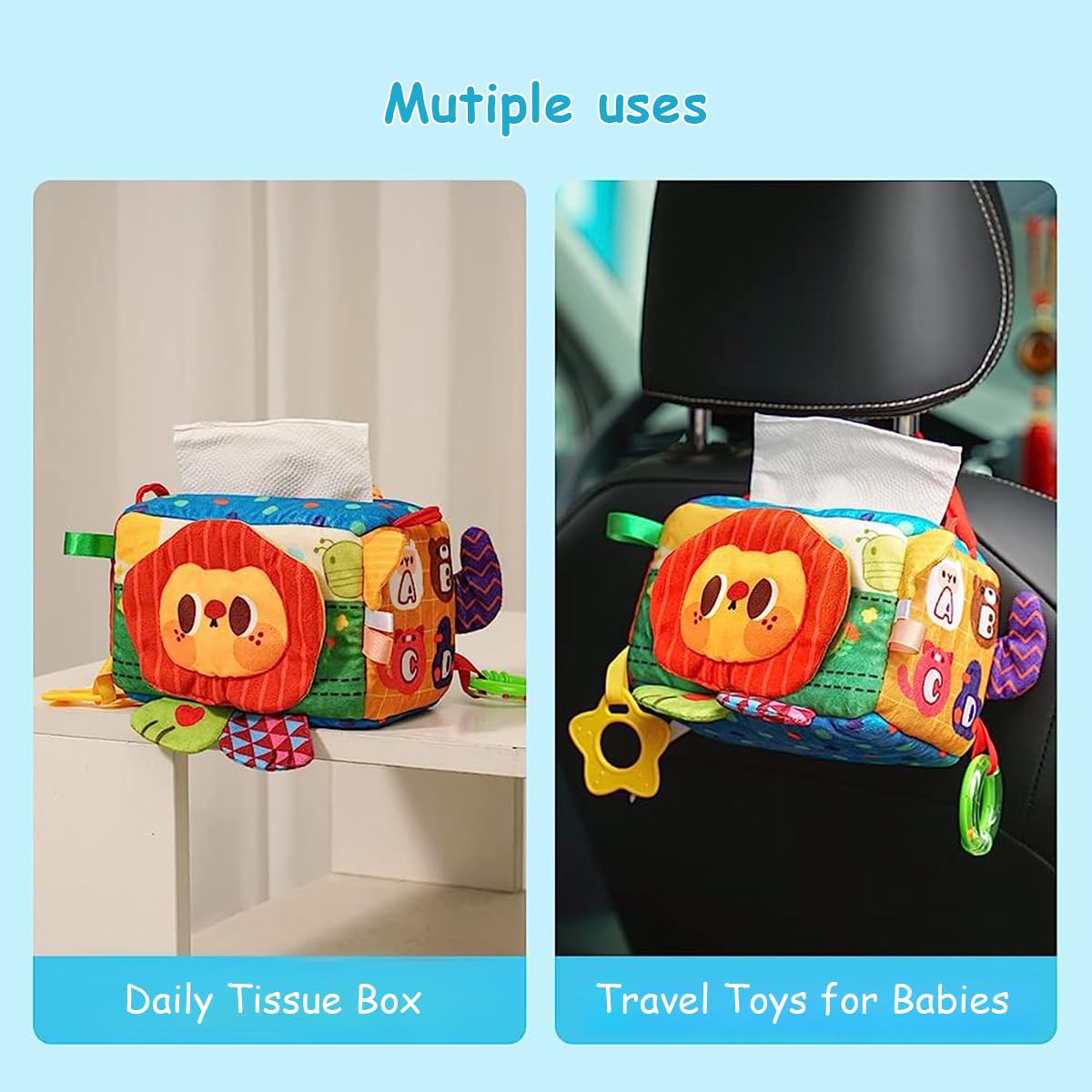 PATPAT Baby Tissue Box Toy, Montessori Toy Sensory Toy Box Soft Stuffed Square Tissue Box Sensory Toy with Funny Mirror, Teether, Cradle Toy Soft Toys for Toddler Gift for Toddlers
