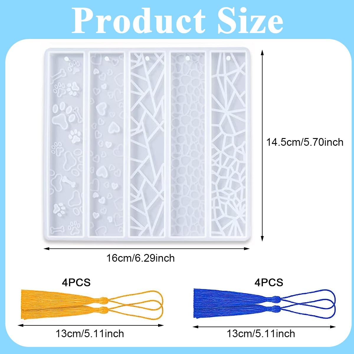 HASTHIP 1PC Shiny Bookmarks Silicone Mold, DIY Bookmark Resin Mold Rectangle Bookmark Silicone Molds with 8pcs Colorful Tassels for Jewelry DIY