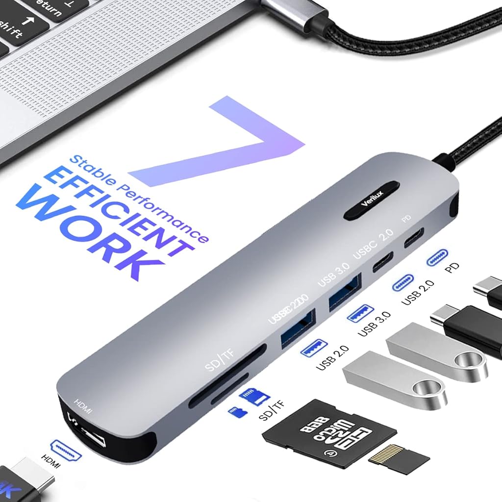 Verilux® USB C HUB 7 in 1 to HDMI Adapter 4K 30Hz 2.0 3.0 Multiple Port SD TF Card Reader PD 100W Type for Laptop MacBook Pro Air 20CM Long Cable 2 PCS