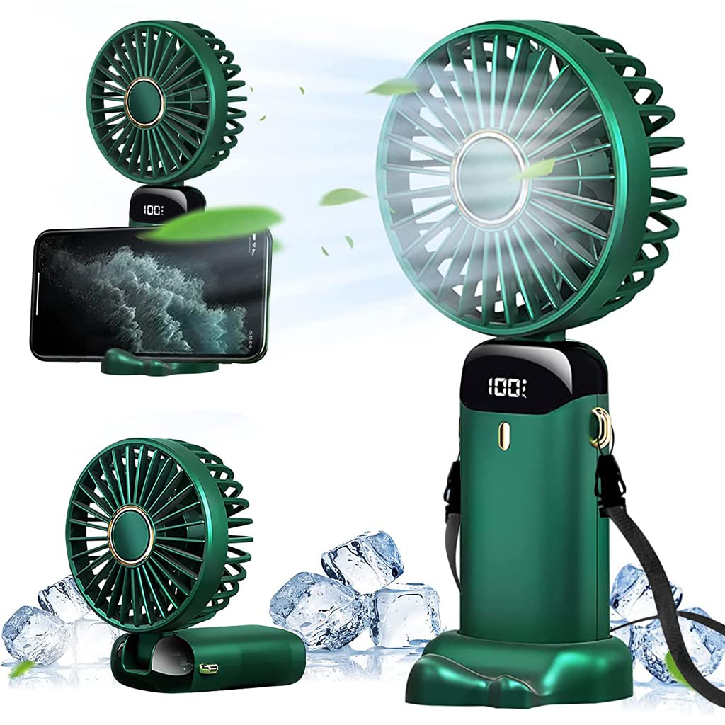 HASTHIP Hand Fan Mini Handheld Fan 3000mAh Rechargeable with 5 Speeds, Battery Operated Mini Fan Foldable Desk Desktop Fans with LED Display for Home Office Bedroom Outdoor Travel (Green)