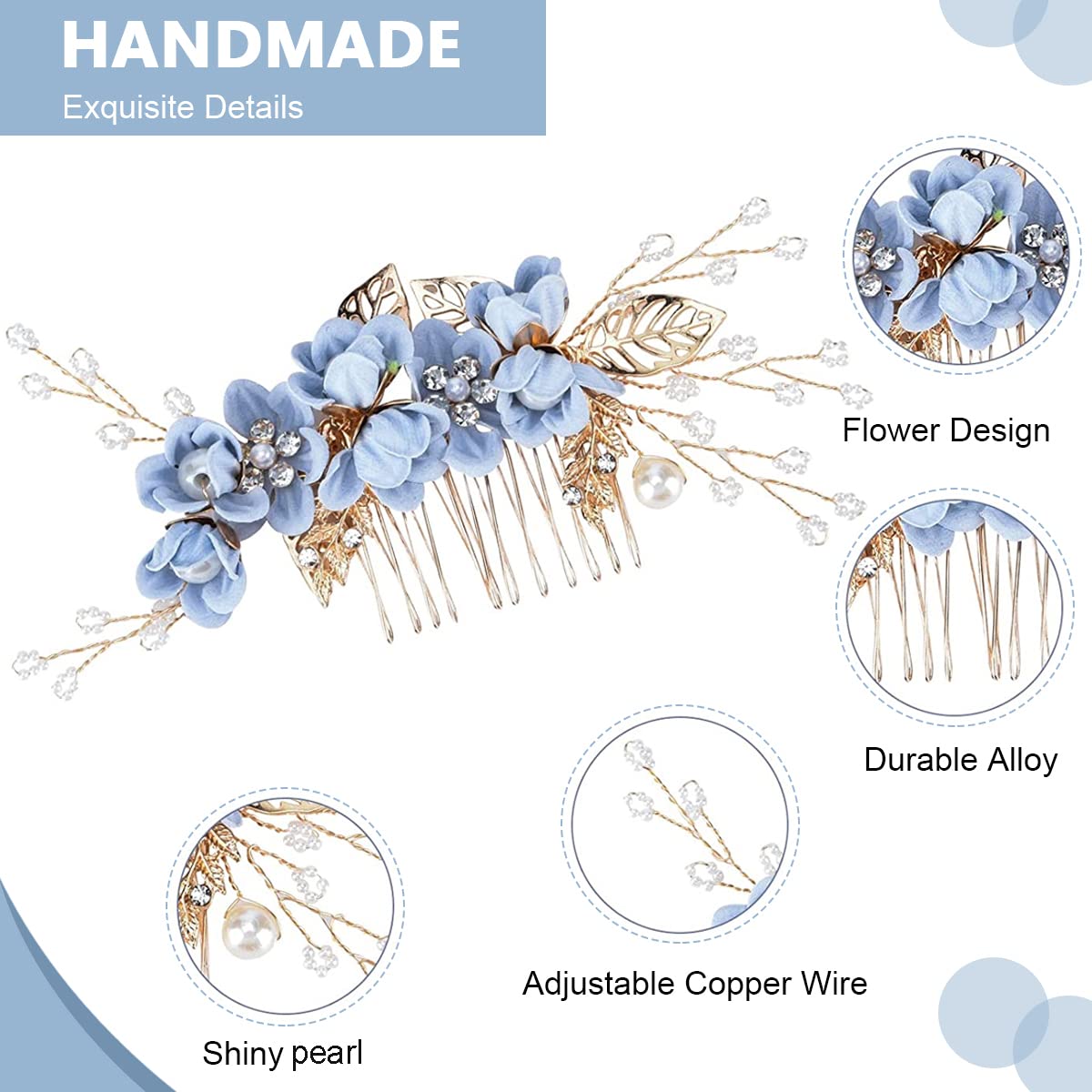 SANNIDHI 4pcs Floral Bridal Hair Accessories for Wedding, Faux Pearl Hair Clips Crystal Hair Side Comb Pins, Handmade Gold Leaf U-shaped Headpiece for Women, Girls, Bride, Bridesmaid, Party, Dating