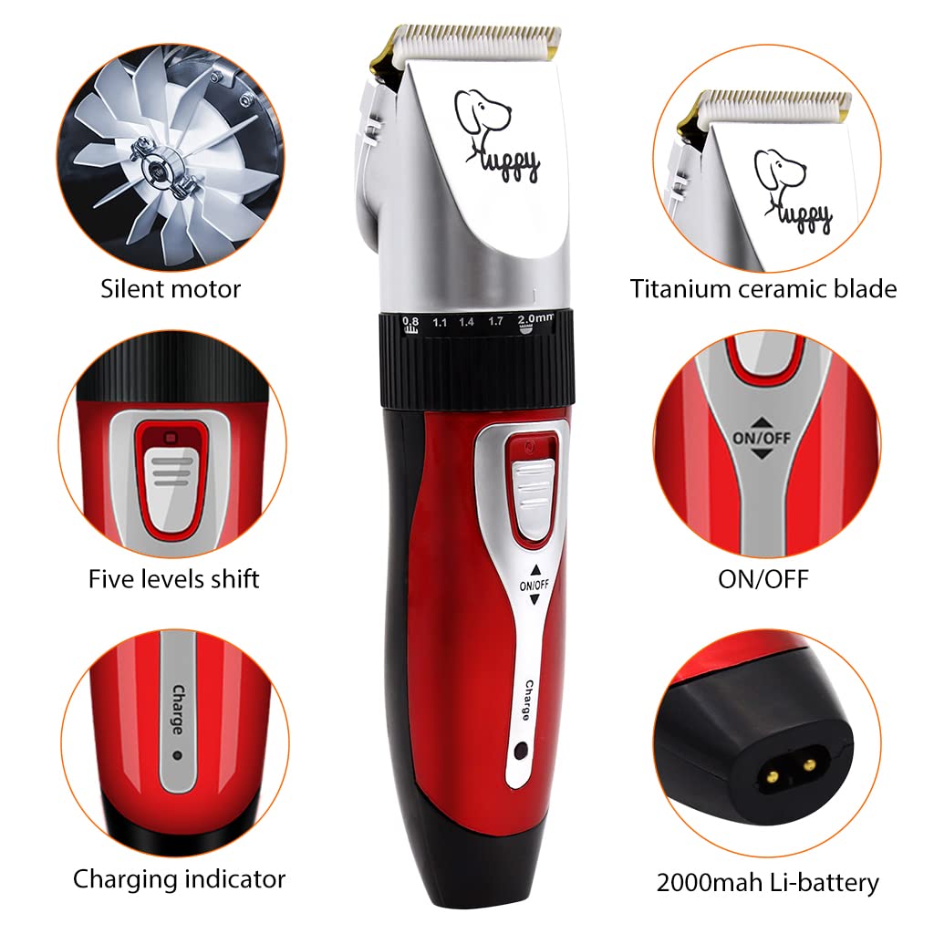 Qpets Electric Dog Hair Trimmer USB Rechargeable Hair Trimmer for Cat Thick Long Hair Dog Hair Trimmer Kit with Hair 4 Limiting Comb, Cleaning Brush, Pet Grooming Hair Clipper(Battery Power)