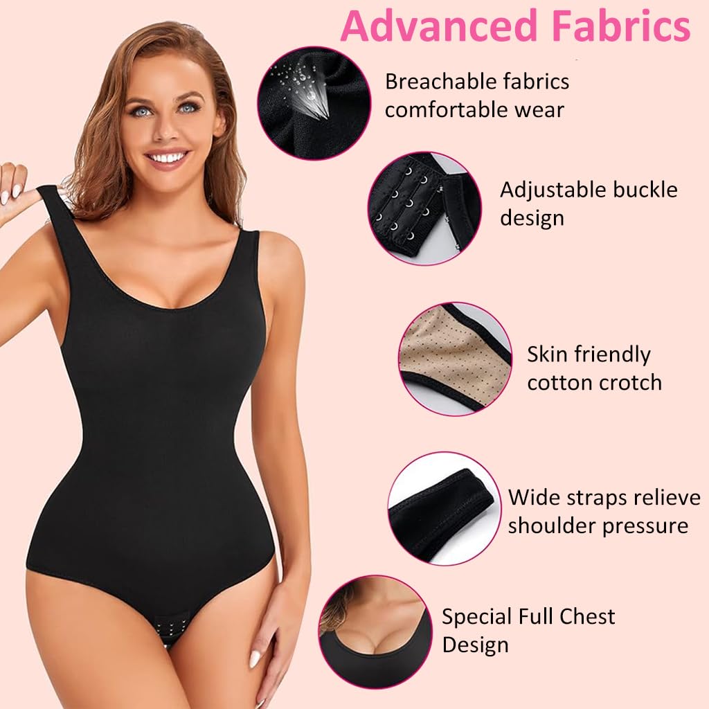 PALAY Body Shaper for Women Waist Trainer Bodysuit Tummy Control Shapewear Seamless Round Neck Tank Top Bodysuit, Beige, M-L