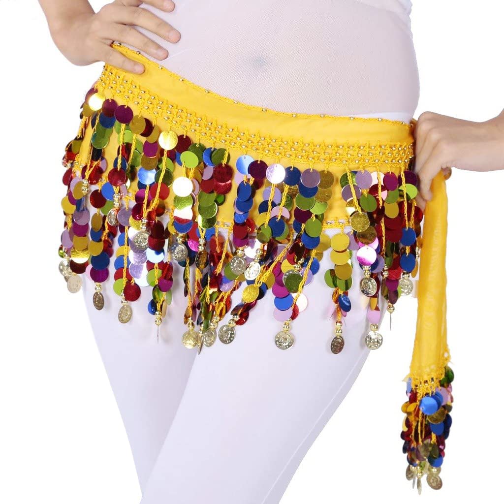 PALAY Belly Dance Hip Scarf Waistband Belt Belly Dance Skirt Wrap with Colorful Bling Coins Fancy Belly Dance Costume Accessories for Women Girls Yellow