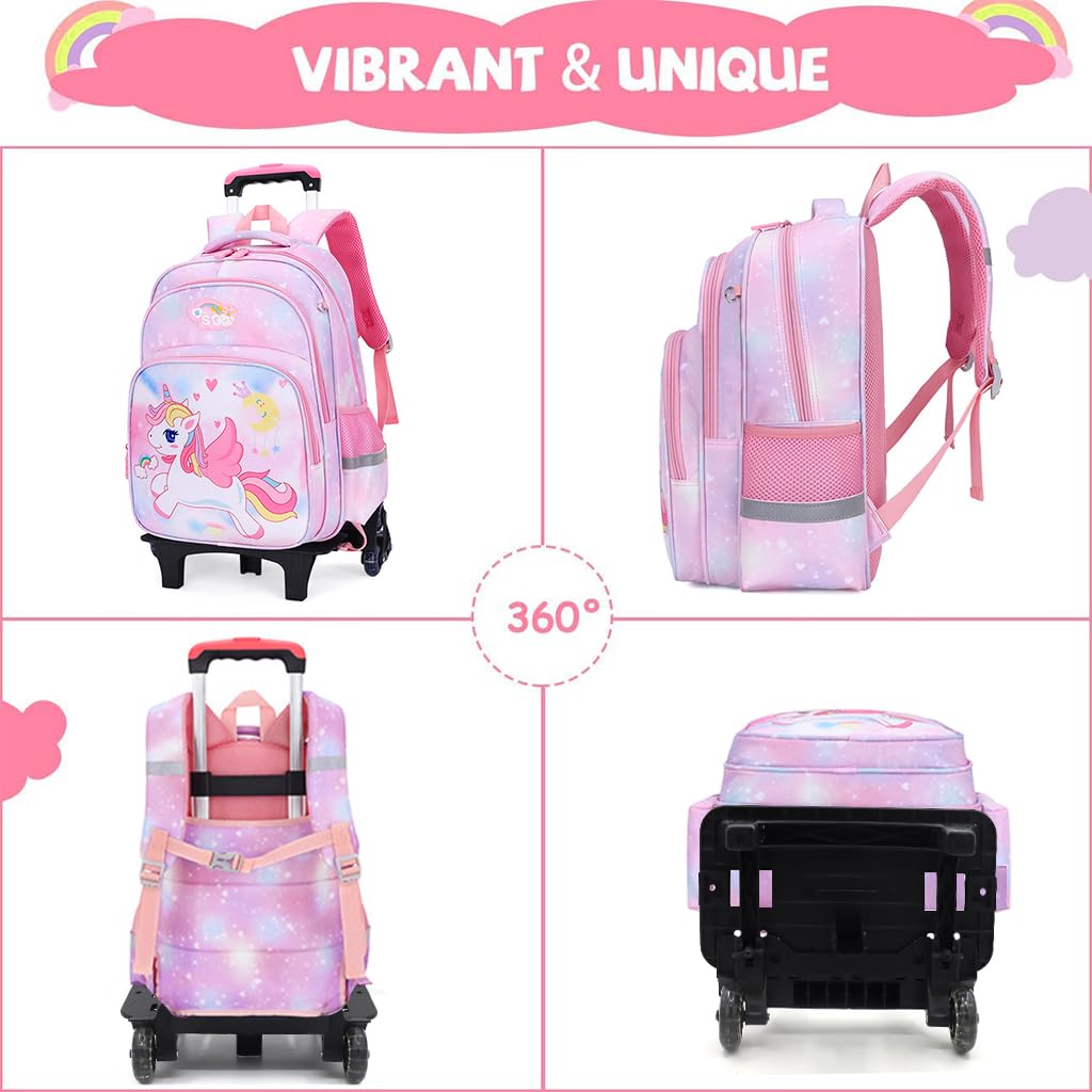 FANCYKU School Bags for Girls Kids Unicorn Bags for Girls School Bags on Wheel Detachable Wheel Stand Gift School Bag