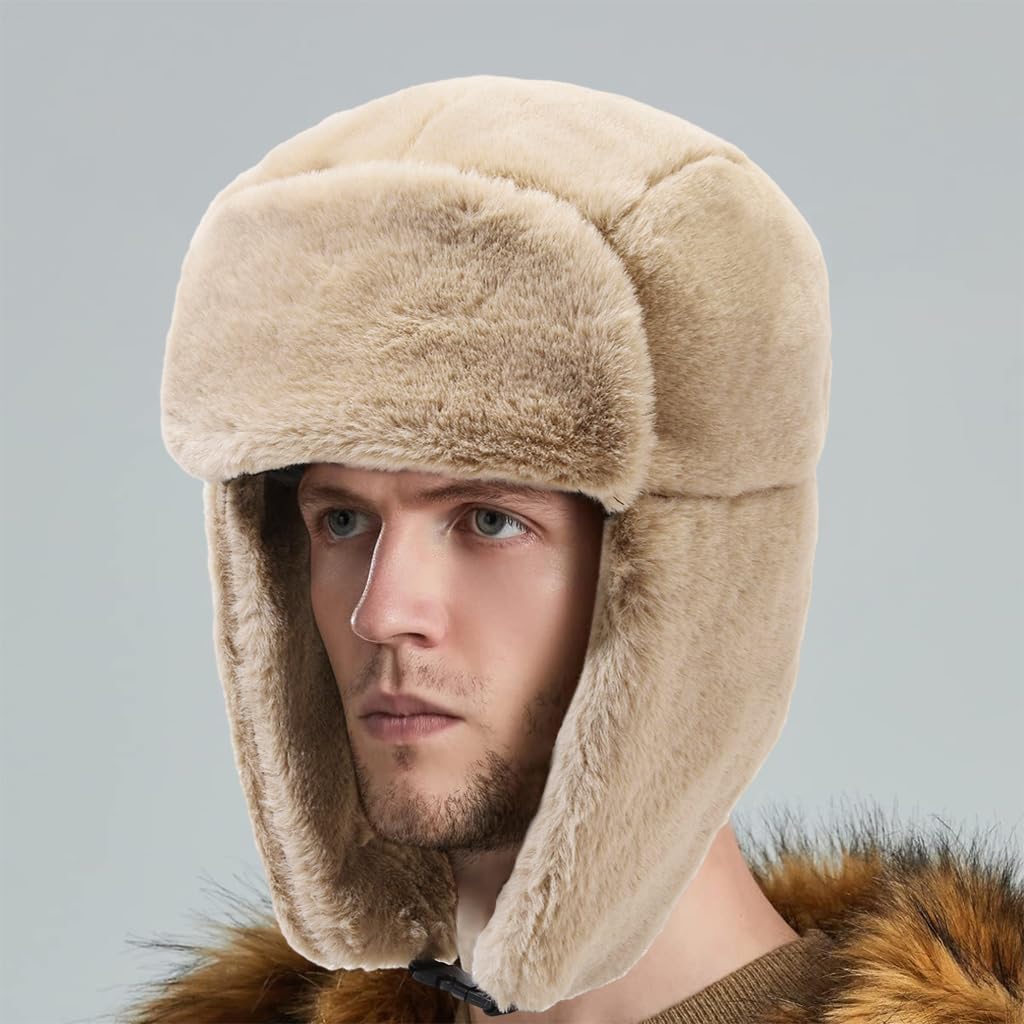 PALAY Winter Warm Hat Trapper Hat Fleece Warm Hat Motorcycling Hat Unisex Windproof Winter Cap for Men and Women Fashion Plush Trapper Hat Christmas Gift Off-White